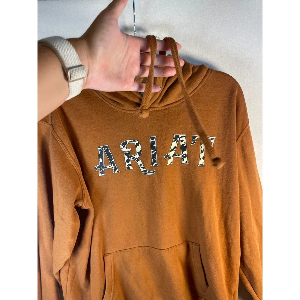 Ariat Real Women Large Rust Orange Cow Print Logo Hoodie Pullover Western L - Picture 3 of 10